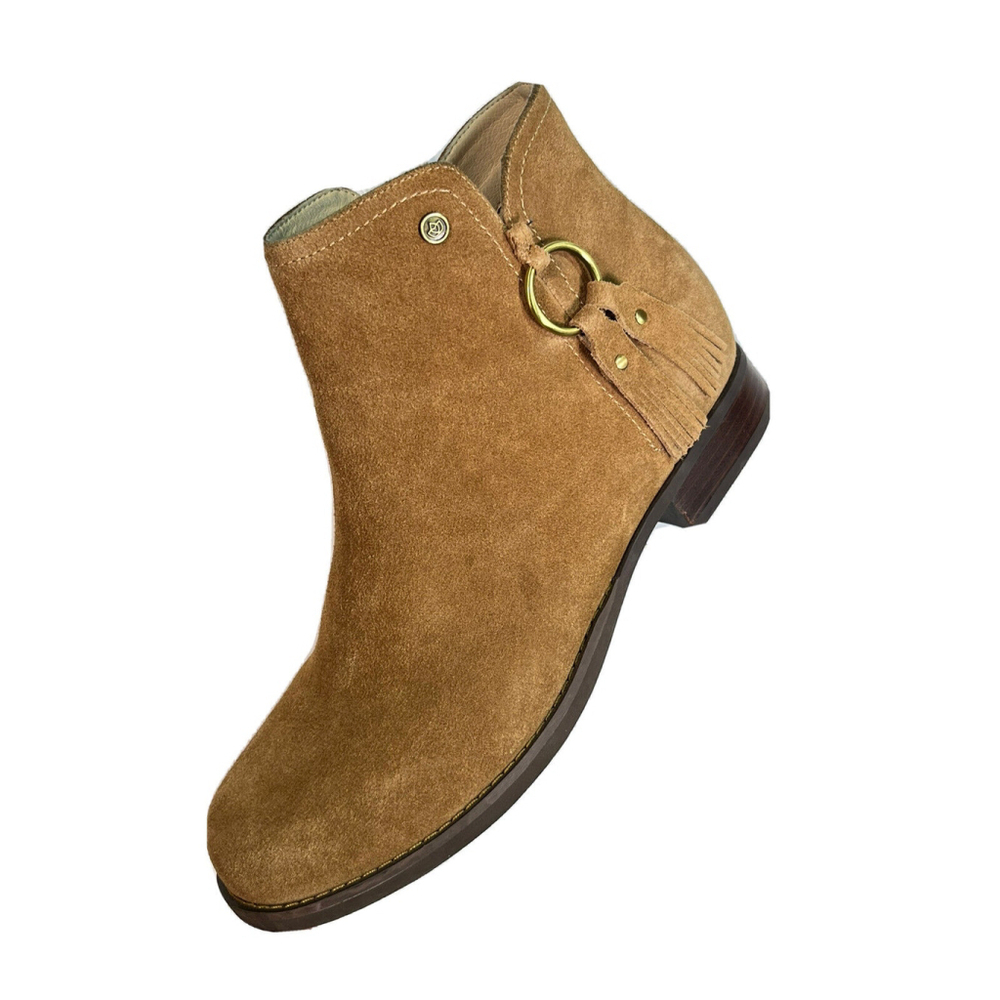 Spenco Womens Tan Camel Suede Ankle Boots Size 8‎ Tassel Zip Harness Fringe